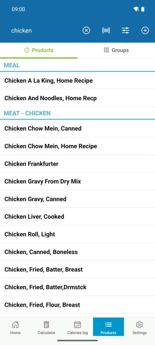 Searching the built-in food database in Caloriator