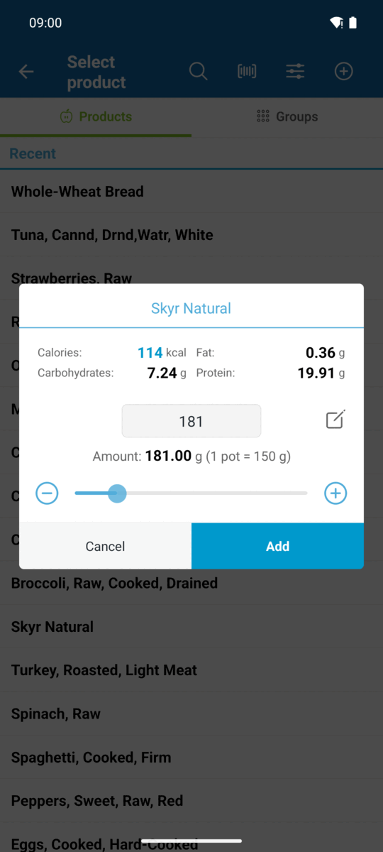 Portion picker recalculating calories and macros as the amount changes