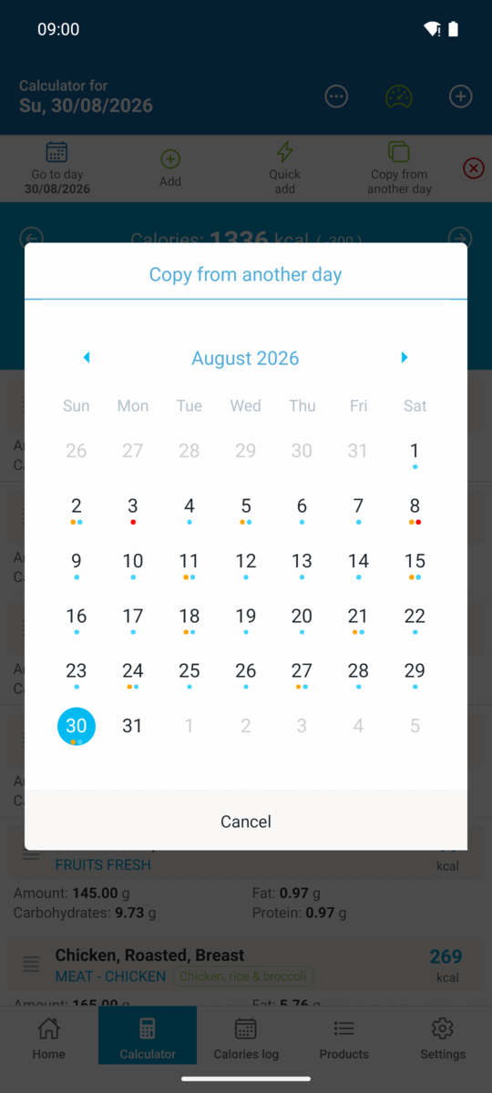 Calendar for copying a day, with dots marking days that already have entries