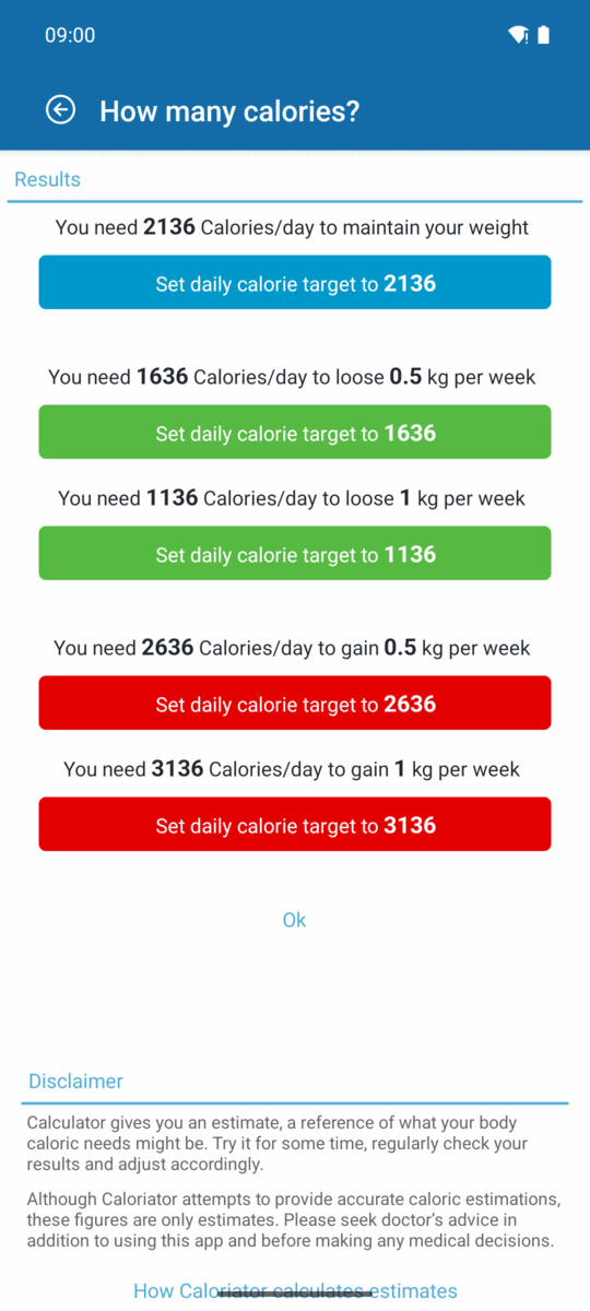 Calorie calculator results with one-tap buttons to set a daily target for maintaining, losing or gaining weight