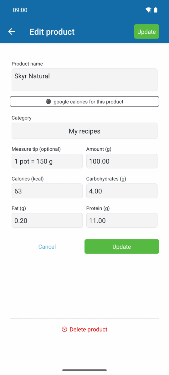 Editing a product added by the barcode scanner, with calories, protein, carbs and fat per 100 g