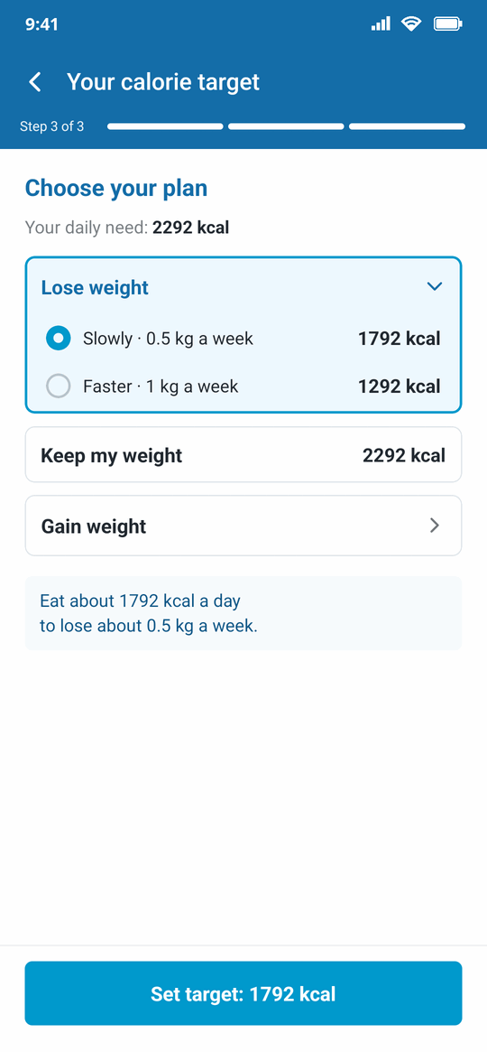 Choose your plan step: daily need 2292 kcal, lose 0.5 kg a week at 1792 kcal selected, keep or gain weight below