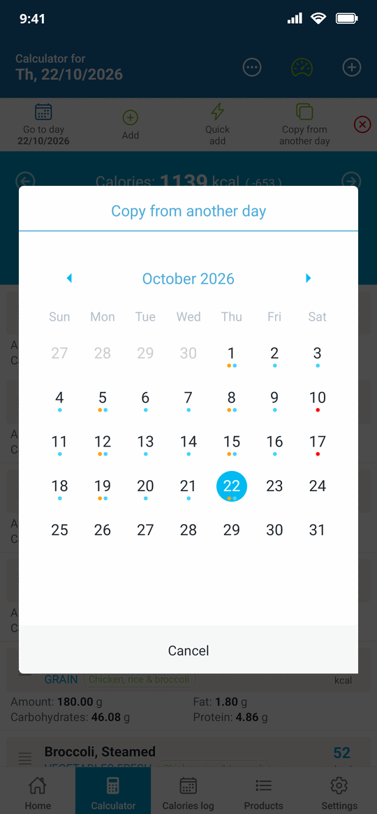 Calendar for copying a day, with dots marking days that already have entries