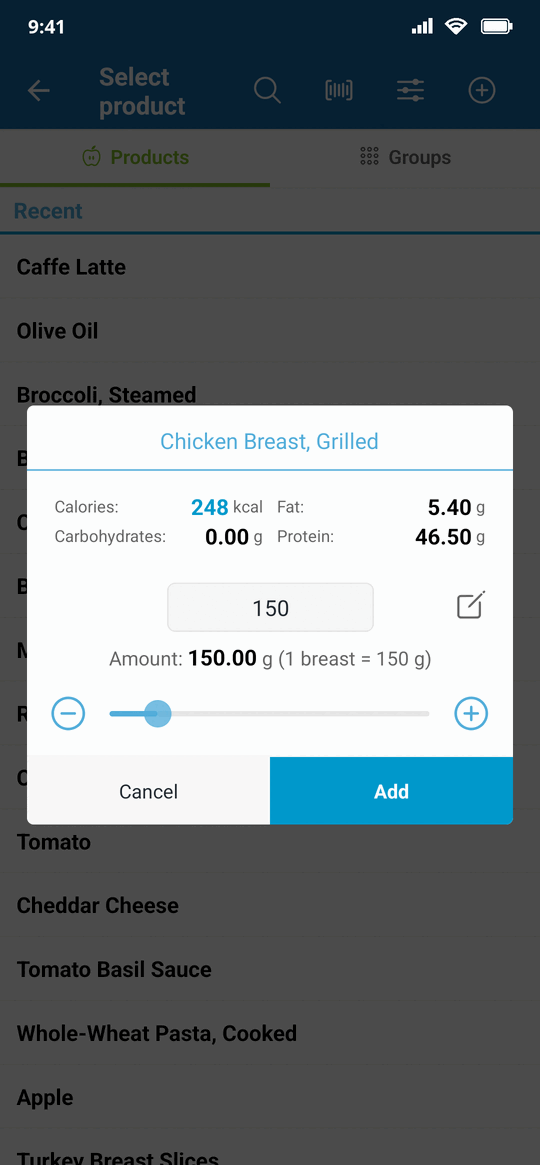 Portion picker recalculating calories and macros as the amount changes