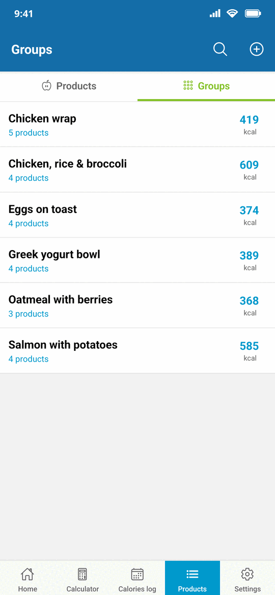 Saved product groups, each showing the meal name and its calories