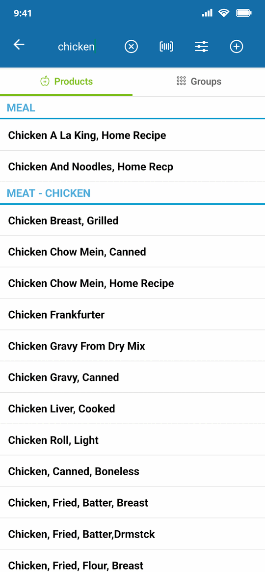 Searching the built-in food database in Caloriator