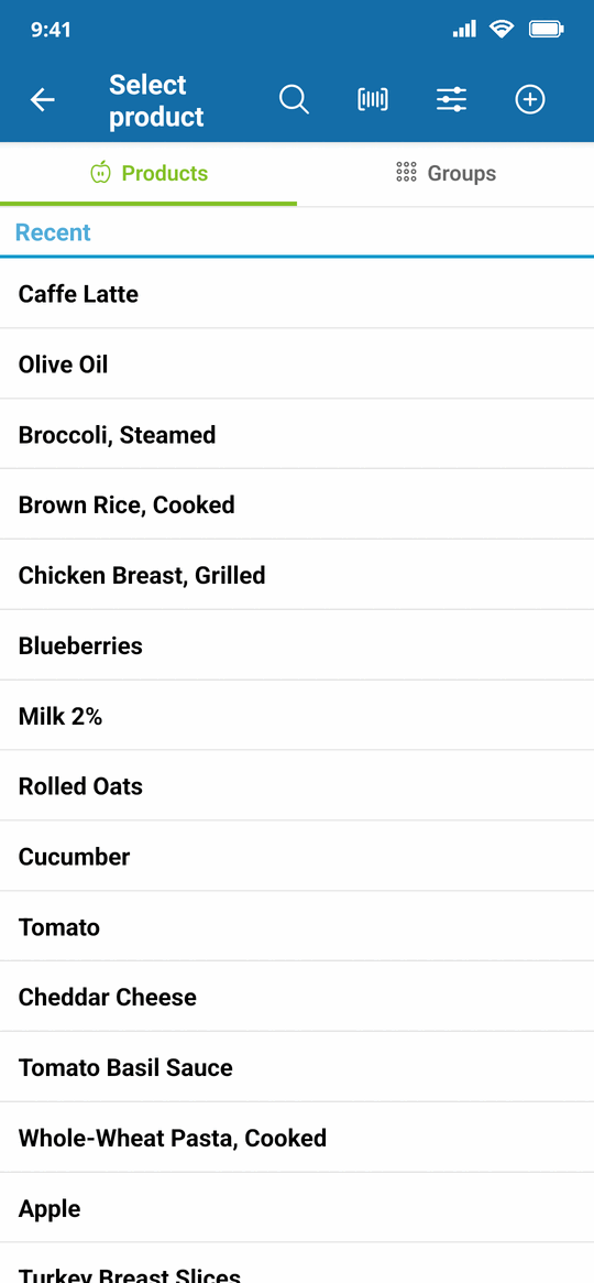 Recently used foods at the top of the product list, with search and the barcode scanner in the header
