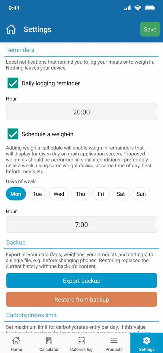 Reminder settings with days of the week and the hour, plus backup and restore buttons