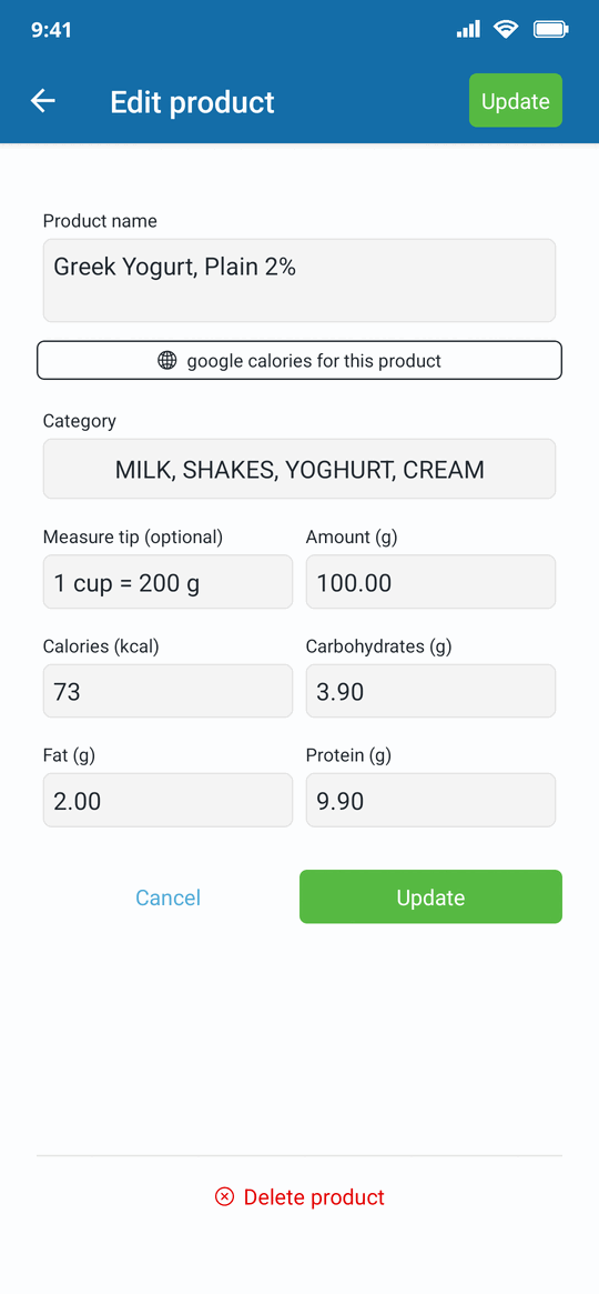 Editing a product added by the barcode scanner, with calories, protein, carbs and fat per 100 g
