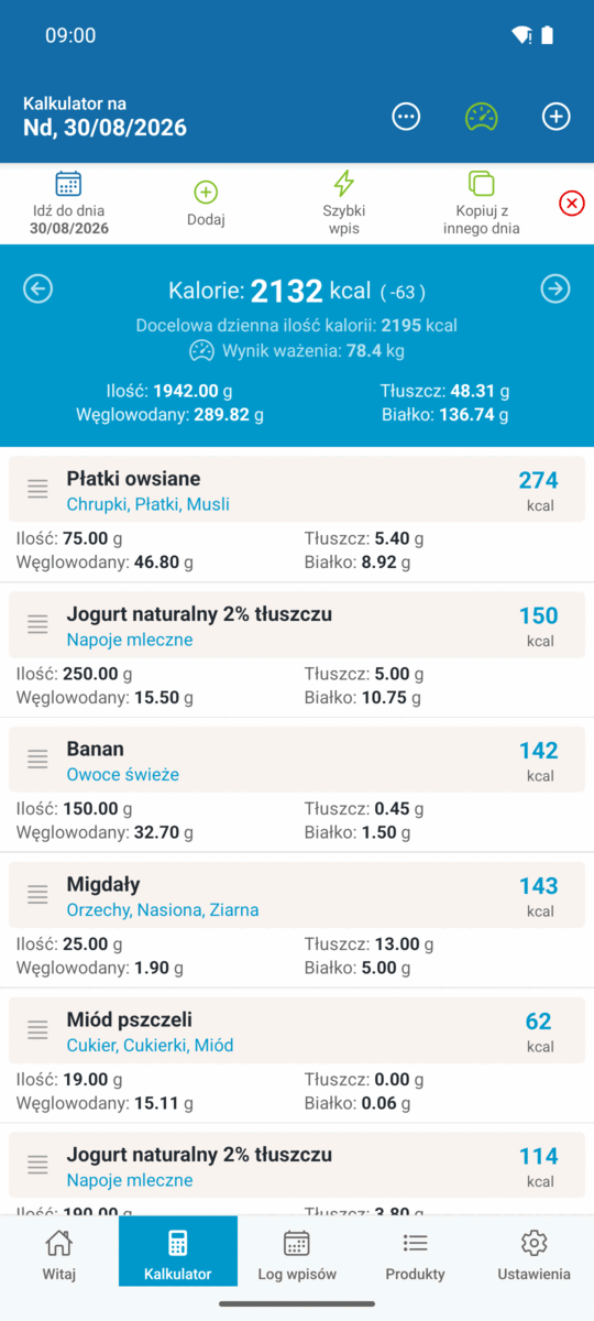 Dzień w dzienniku posiłków Caloriatora z pozycjami, kaloriami i sumą makroskładników