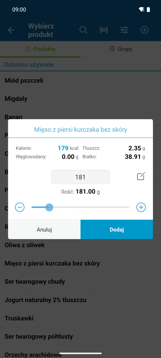 Wybór porcji przeliczający kalorie i makroskładniki wraz ze zmianą ilości