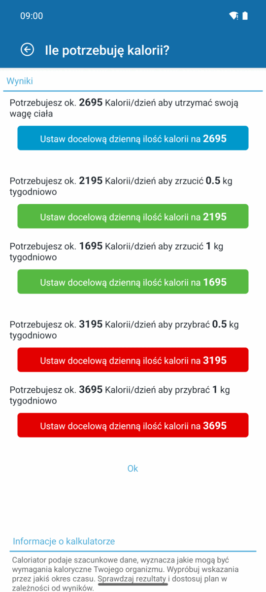 Wyniki kalkulatora kalorii z przyciskami ustawiającymi dzienny limit na utrzymanie, schudnięcie lub przytycie