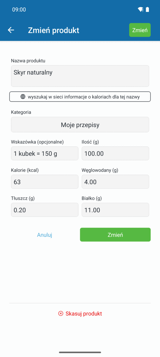 Edycja produktu dodanego skanerem kodów, z kaloriami, białkiem, węglowodanami i tłuszczem na 100 g