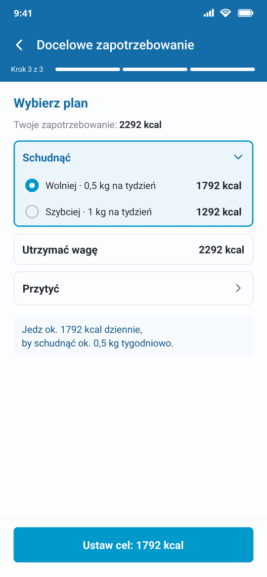 Krok wyboru planu: zapotrzebowanie 2292 kcal, wybrane chudnięcie 0,5 kg tygodniowo przy 1792 kcal, poniżej utrzymanie i przybieranie wagi