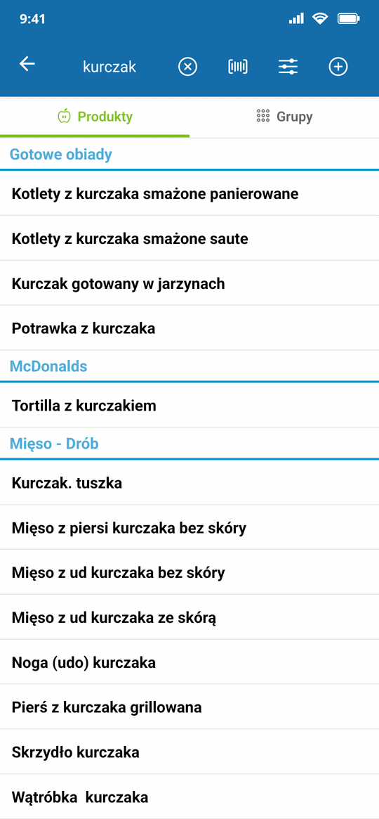 Wyszukiwanie w wbudowanej bazie produktów w Caloriatorze