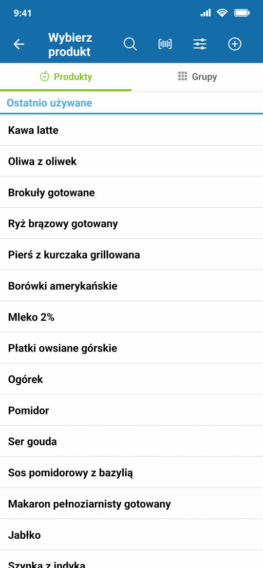Ostatnio używane produkty na górze listy, z wyszukiwaniem i skanerem kodów w nagłówku
