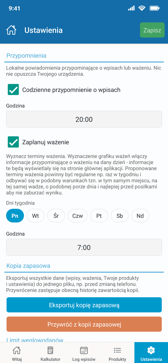 Ustawienia przypomnień z dniami tygodnia i godziną oraz przyciskami kopii zapasowej
