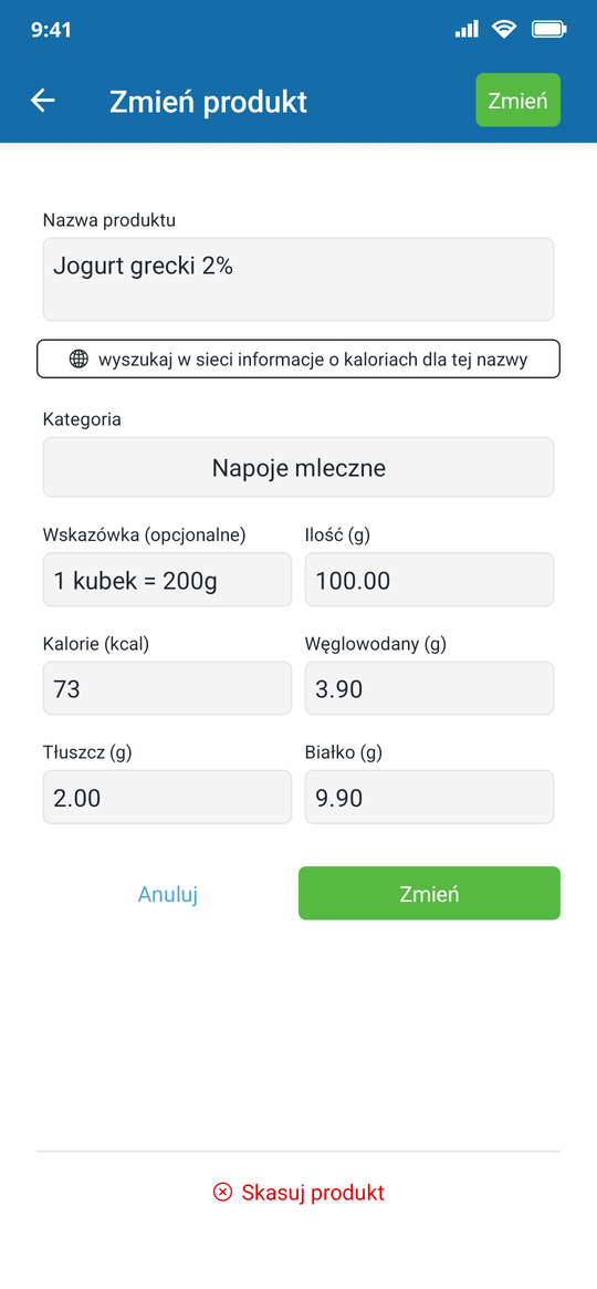 Edycja produktu dodanego skanerem kodów, z kaloriami, białkiem, węglowodanami i tłuszczem na 100 g