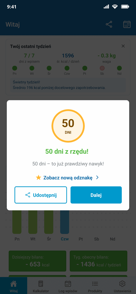 Okienko gratulacji za 50 dni z rzędu ze złotą odznaką oraz przyciskami Udostępnij i Dalej